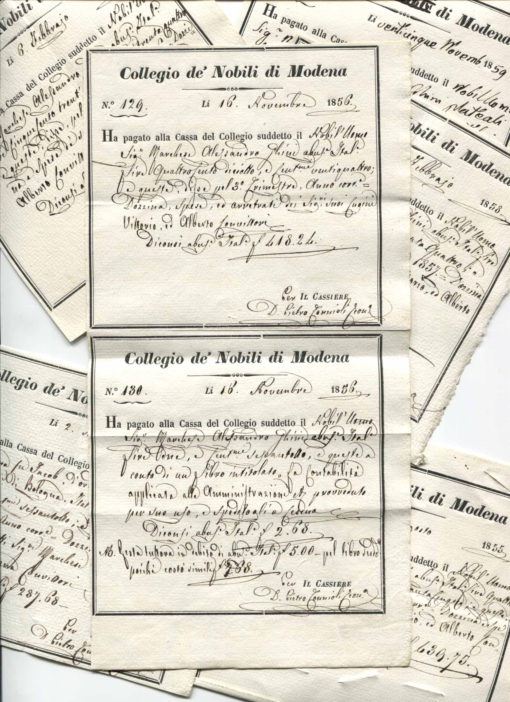 Ricevute di Alessandro Ghini per il pagamento del convitto dei cugini Vittorio Ghini e Alberto Ghini
